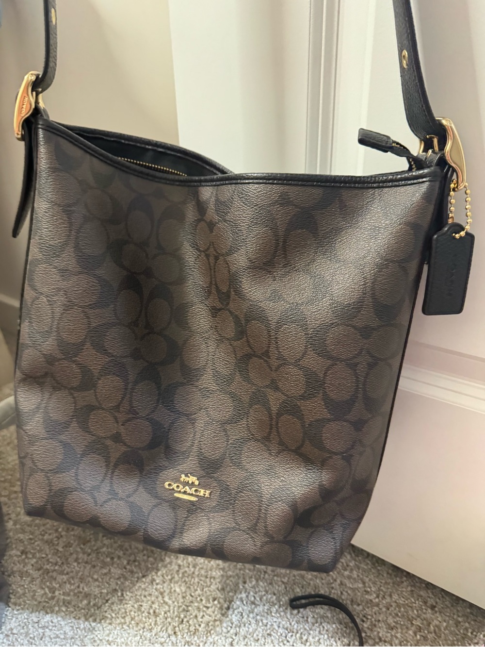 Coach Dark Brown Signature Logo Shoulder Bag with Gold Hardware